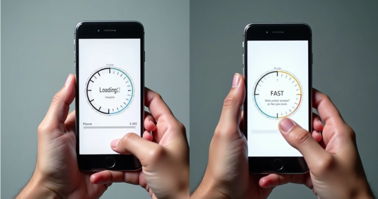 Comparação entre um site lento e outro rápido em smartphones 