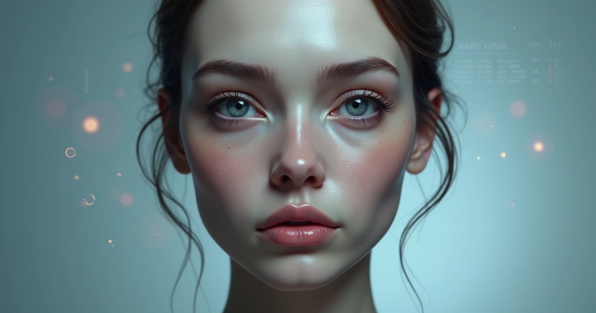 Rosto humano digital gerado por IA com distorções sutis criando sensação de estranheza visual 