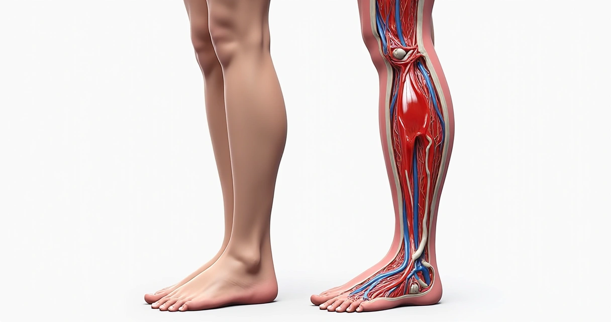 Ilustração de pernas mostrando veias normais e veias varicosas em detalhe 