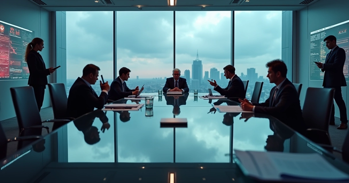 Liderança solitária em mesa de reunião com equipe fragmentada e desconectada 