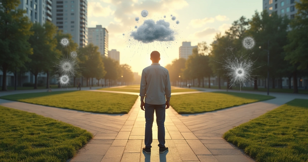 Pessoa refletindo diante de múltiplos caminhos tentando tomar uma decisão difícil 