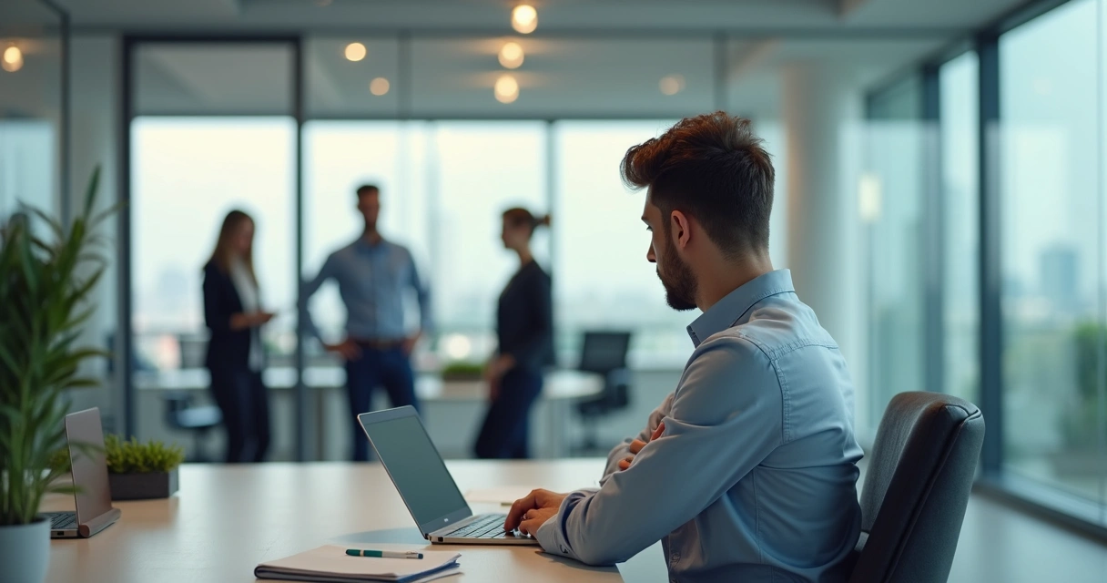 Funcionário isolado em mesa de escritório enquanto colegas conversam ao fundo 