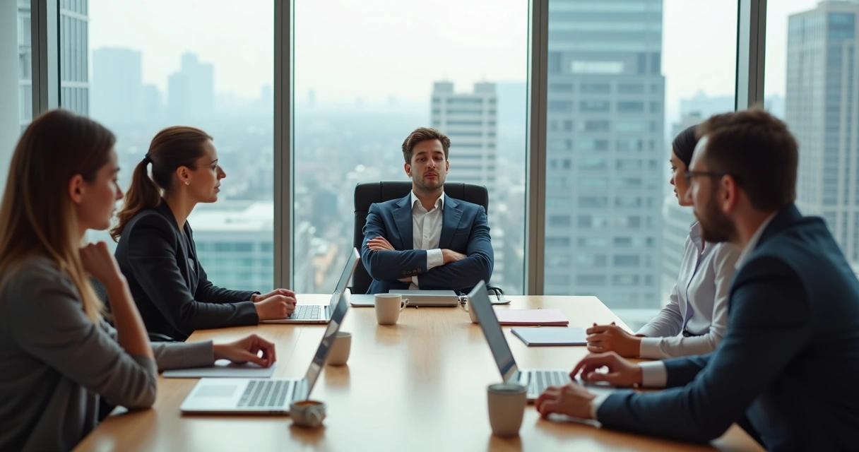 Equipe em reunião com um colega visivelmente imaturo emocionalmente no trabalho 