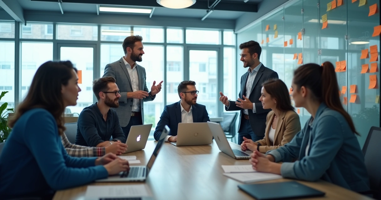 Grupo de profissionais de tecnologia em roda discutindo problemas de liderança 