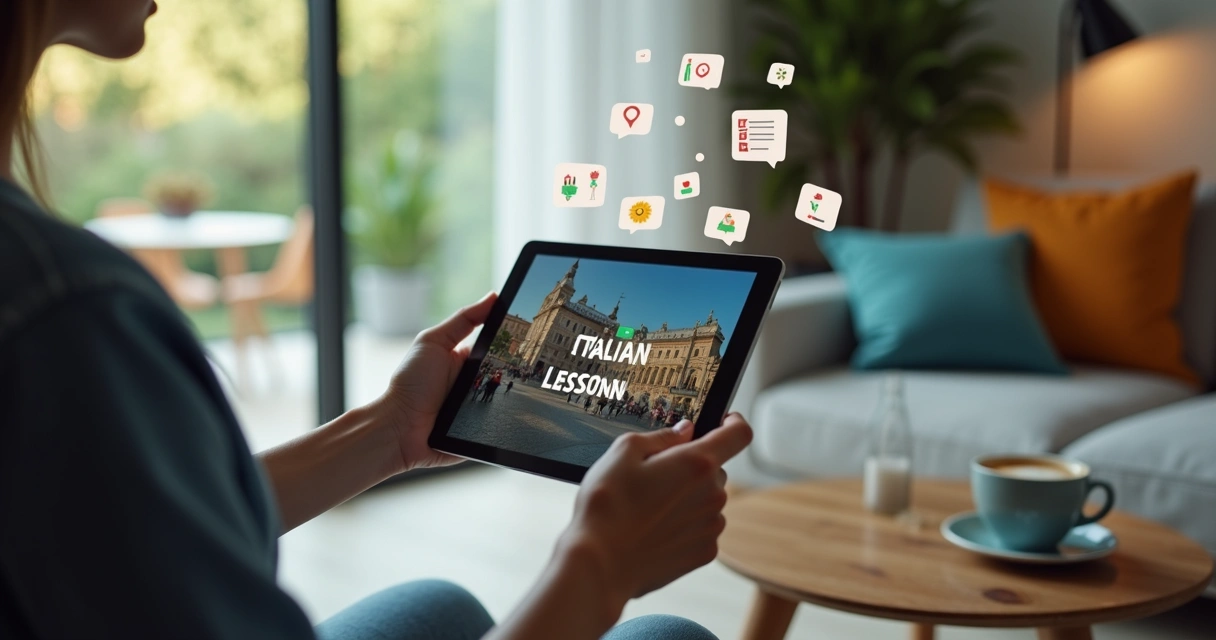 Pessoa estudando italiano em tablet com interface digital 