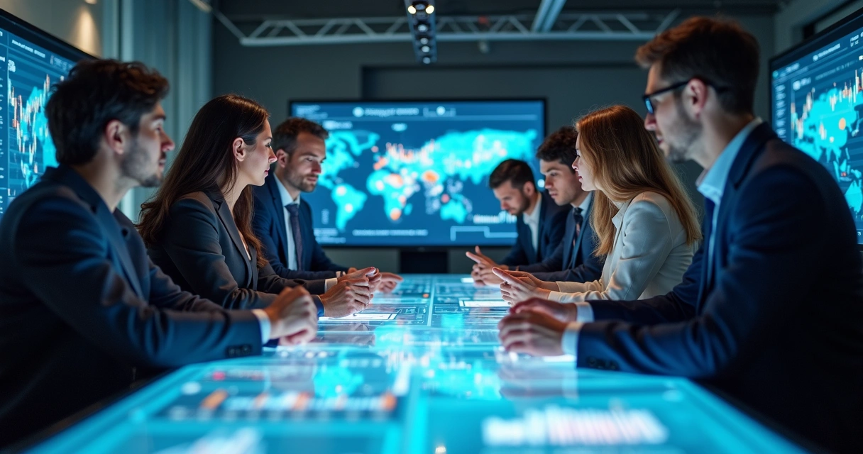 Profissionais discutindo estratégia digital em sala de imersão empresarial 