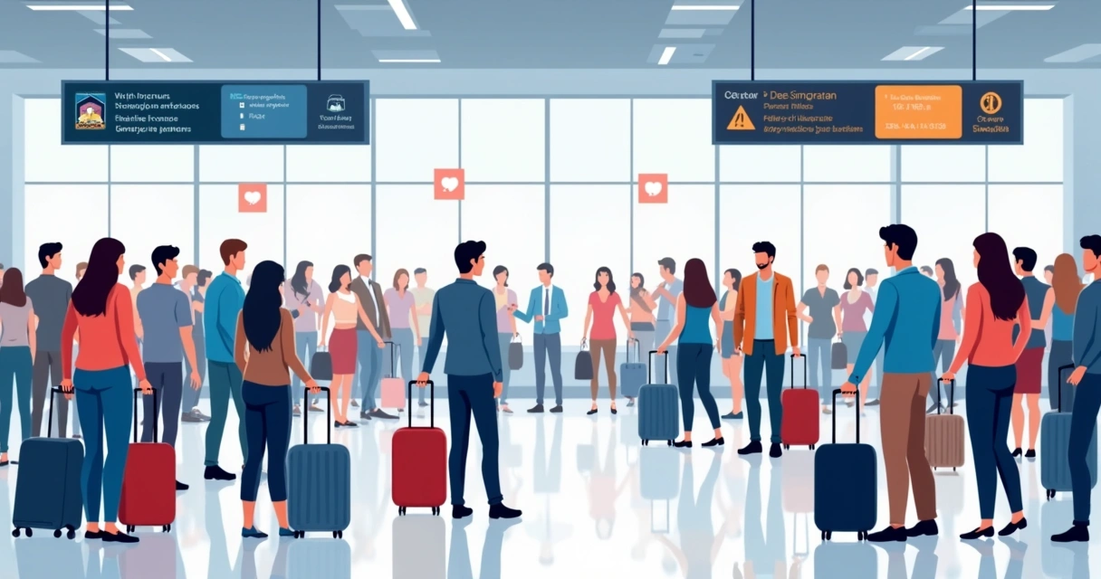 Fila de imigração no aeroporto dos EUA durante evento internacional