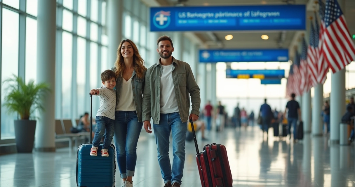 Casal e filho pequeno com malas em aeroporto americano, prontos para imigração 