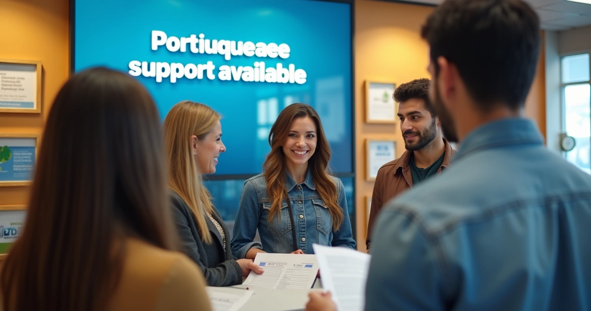Fila de brasileiros recebendo atendimento bancário em português nos EUA 