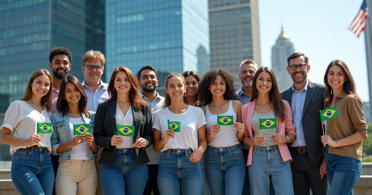 Grupo de brasileiros sorrindo em frente a prédio nos Estados Unidos 