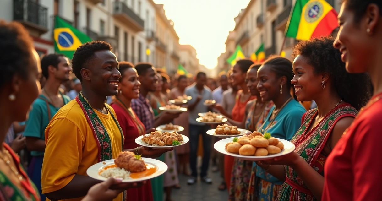 Grupo de pessoas de várias nacionalidades celebrando cultura em rua urbana. 