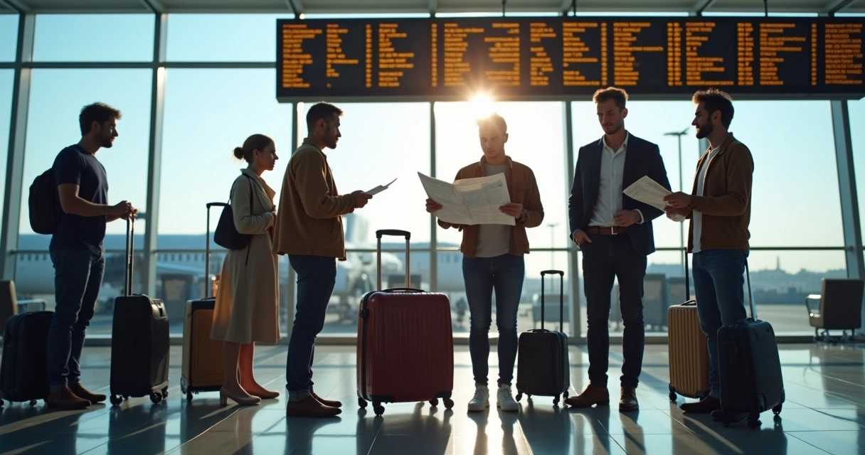 Pessoas com malas em um aeroporto, analisando mapas e documentos