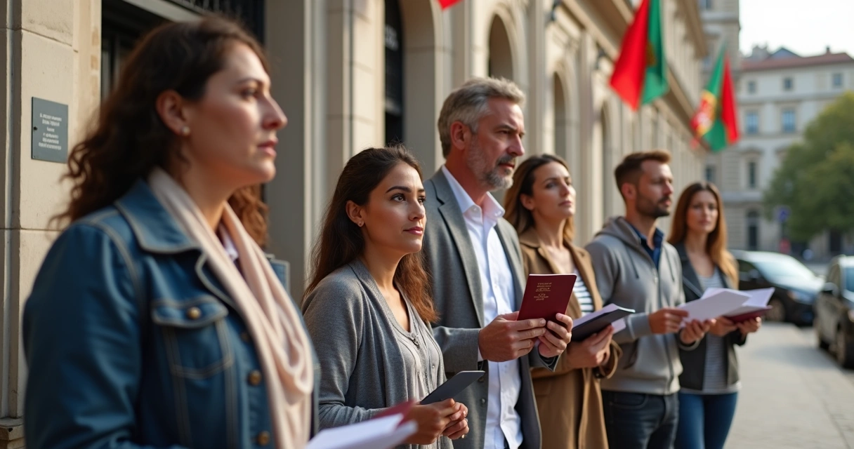 Grupo de pessoas segurando documentos em frente a um prédio administrativo em Portugal 