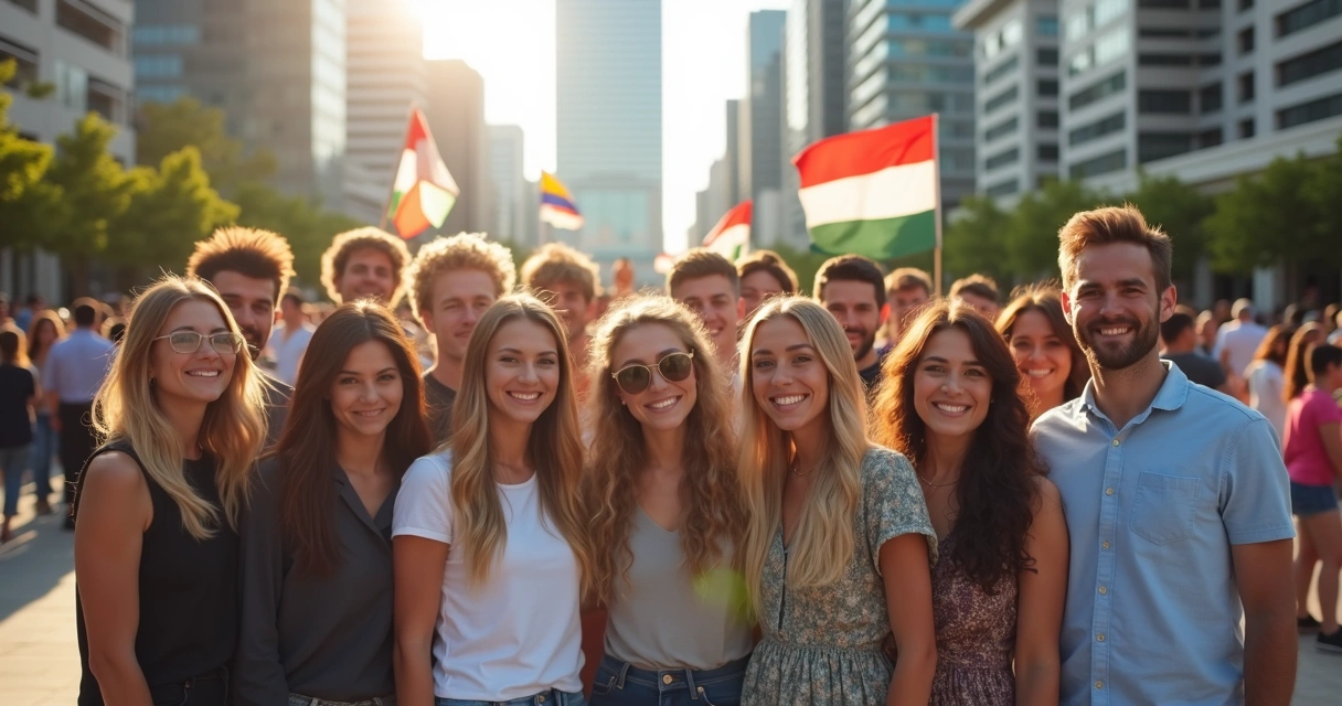 Pessoas de diferentes origens segurando bandeiras de vários países juntos em praça 
