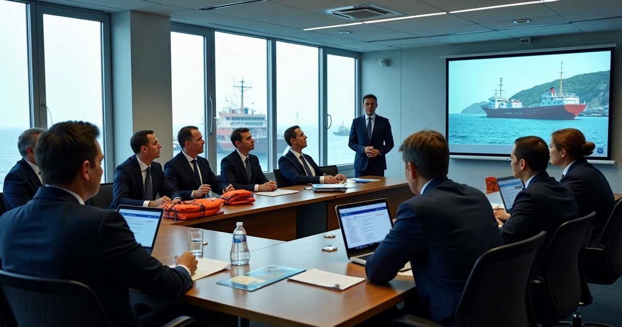 Maritime law classroom with students and ships' officers discussing search and rescue at sea