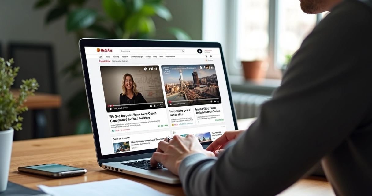 Marketer reviewing immersive Meta Ads video examples on a laptop screen