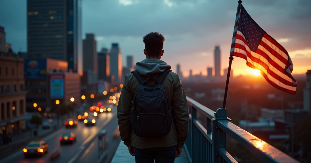 Immigrant silhouette overlooking New York skyline at sunrise with US flag in foreground 