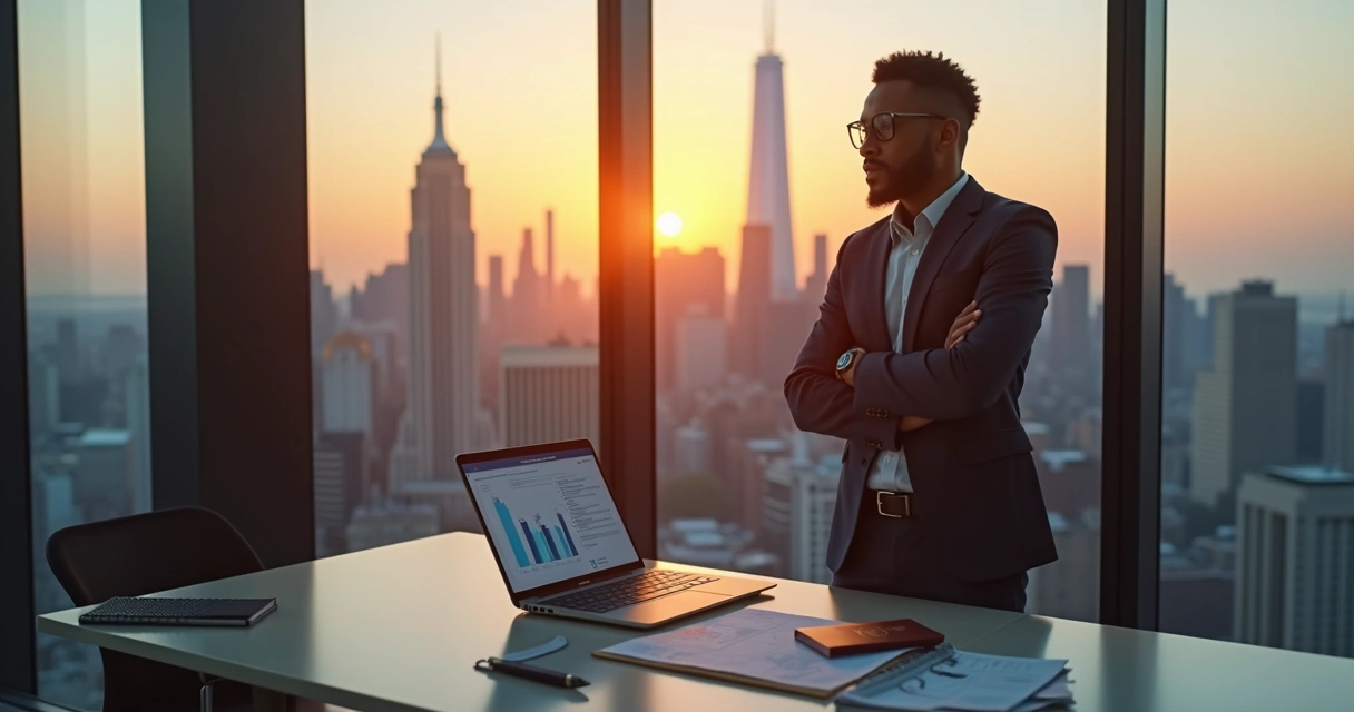 Immigrant entrepreneur working in a modern office with U.S. skyline 