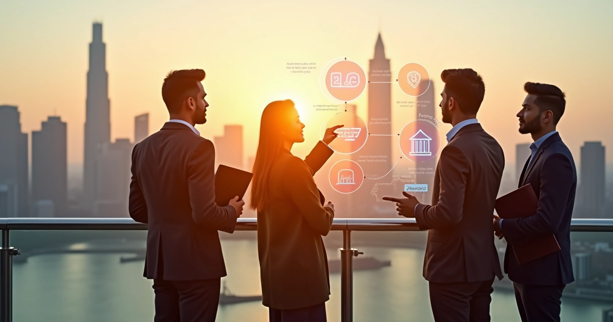 Immigrant entrepreneur overlooking US city with business roadmap graphics 