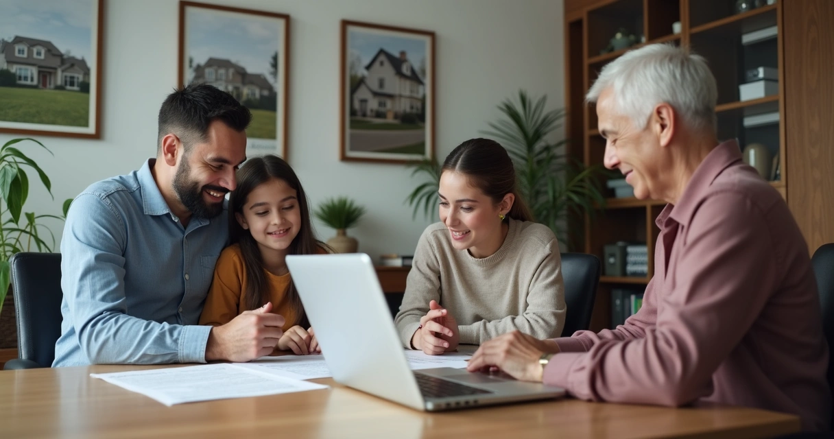 Immigrant family discussing paperwork with real estate agent 