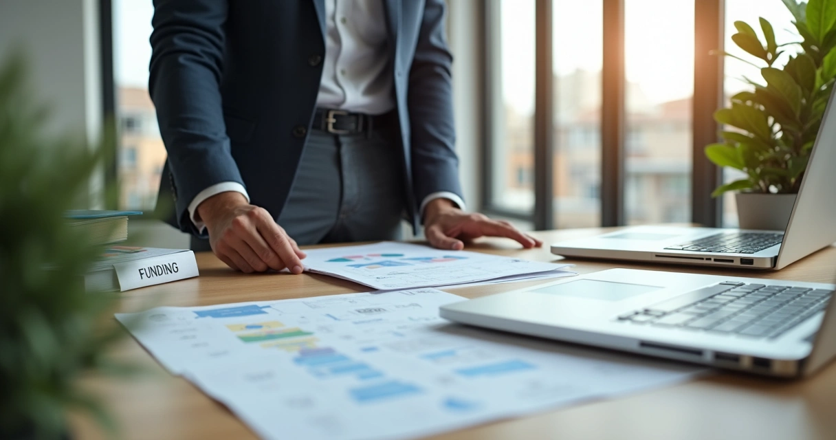Startup founder organizing legal and financial documents in a bright office