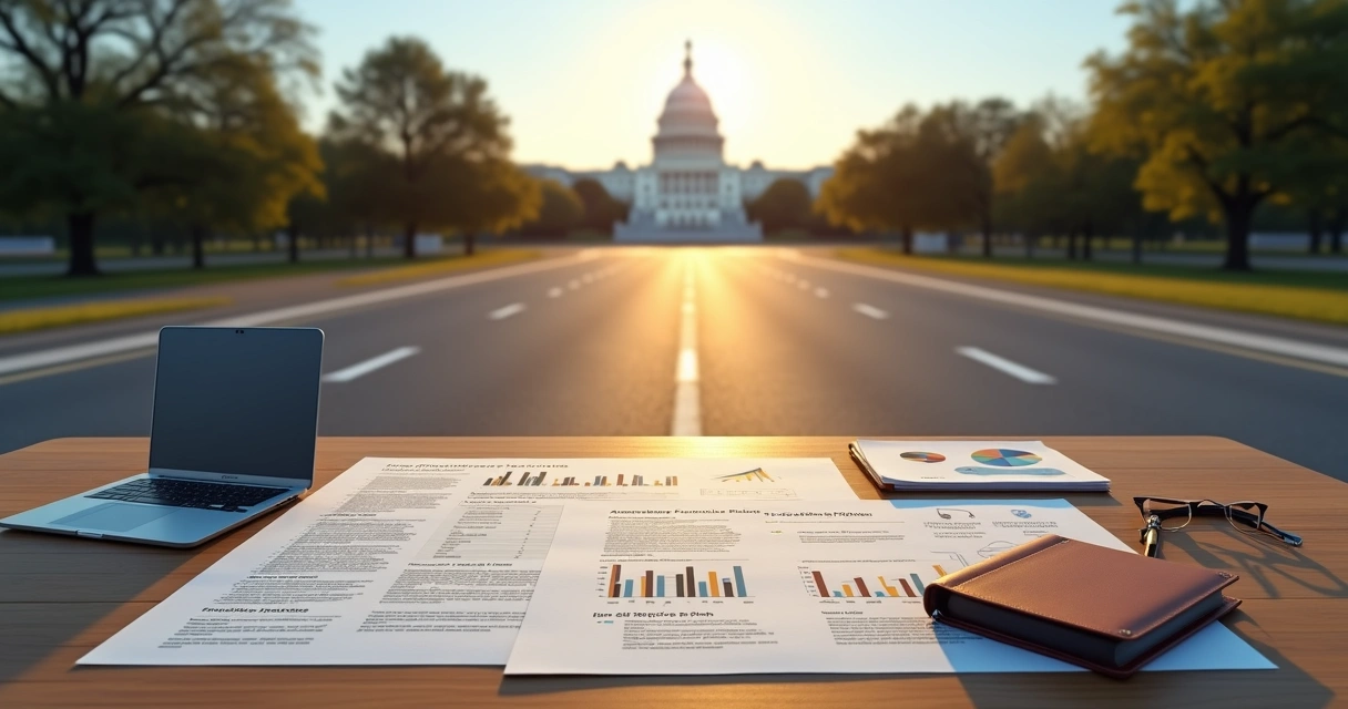 Business plan pages aligned with a road leading to the U.S. Capitol