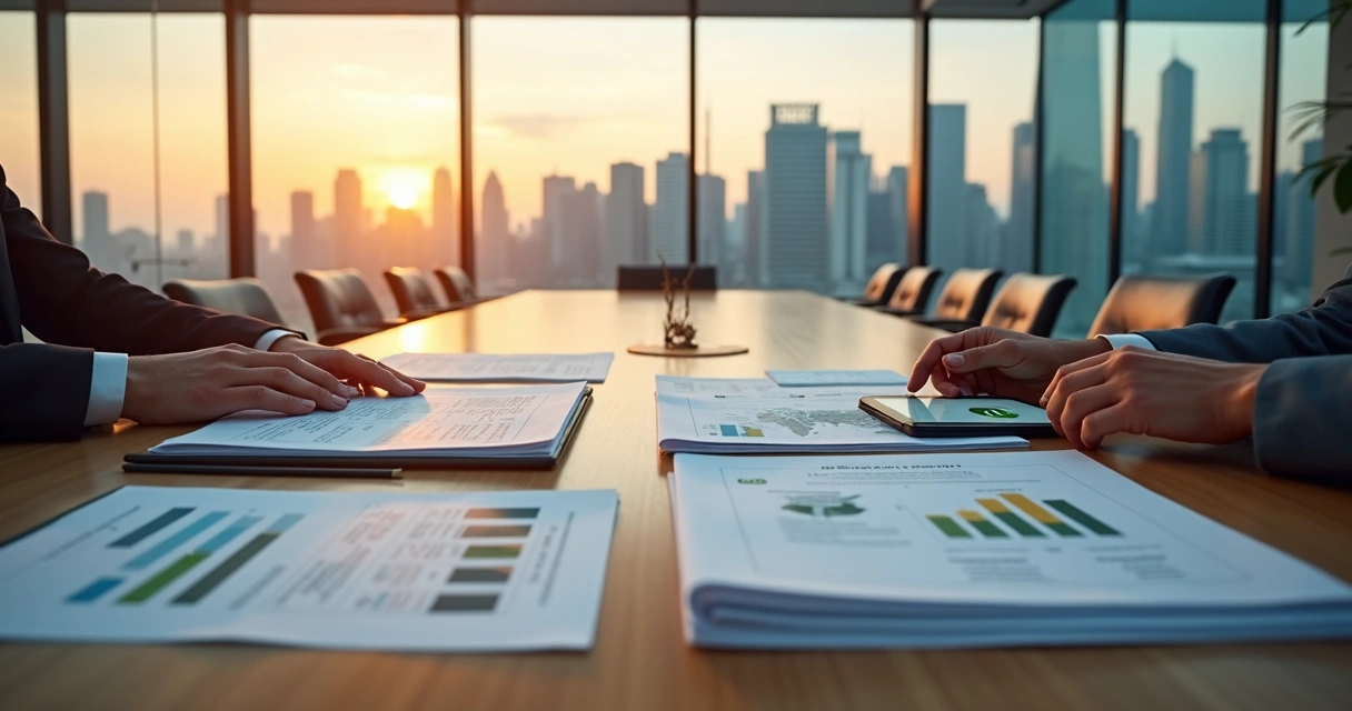 Conference room table split between international cityscape and modern U.S. skyline 