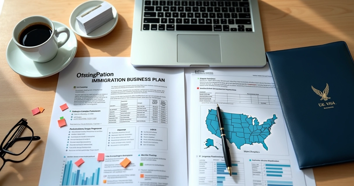 Desk with detailed immigration business plan, US visa documents and laptop
