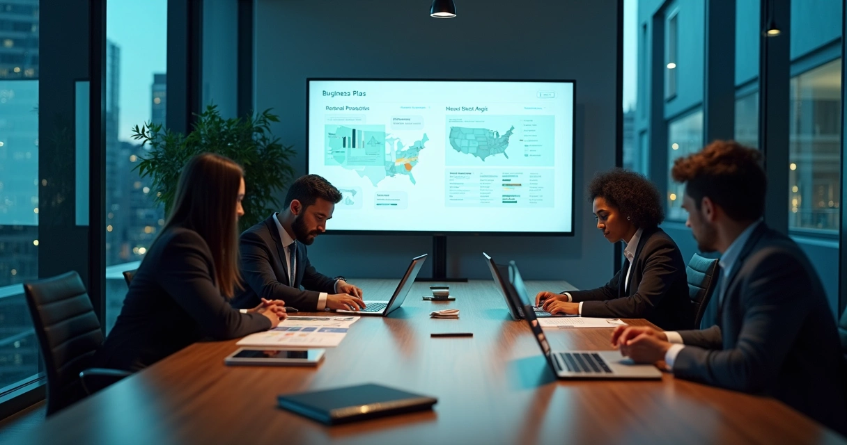 Team analyzing immigration business plan charts in modern strategy room 