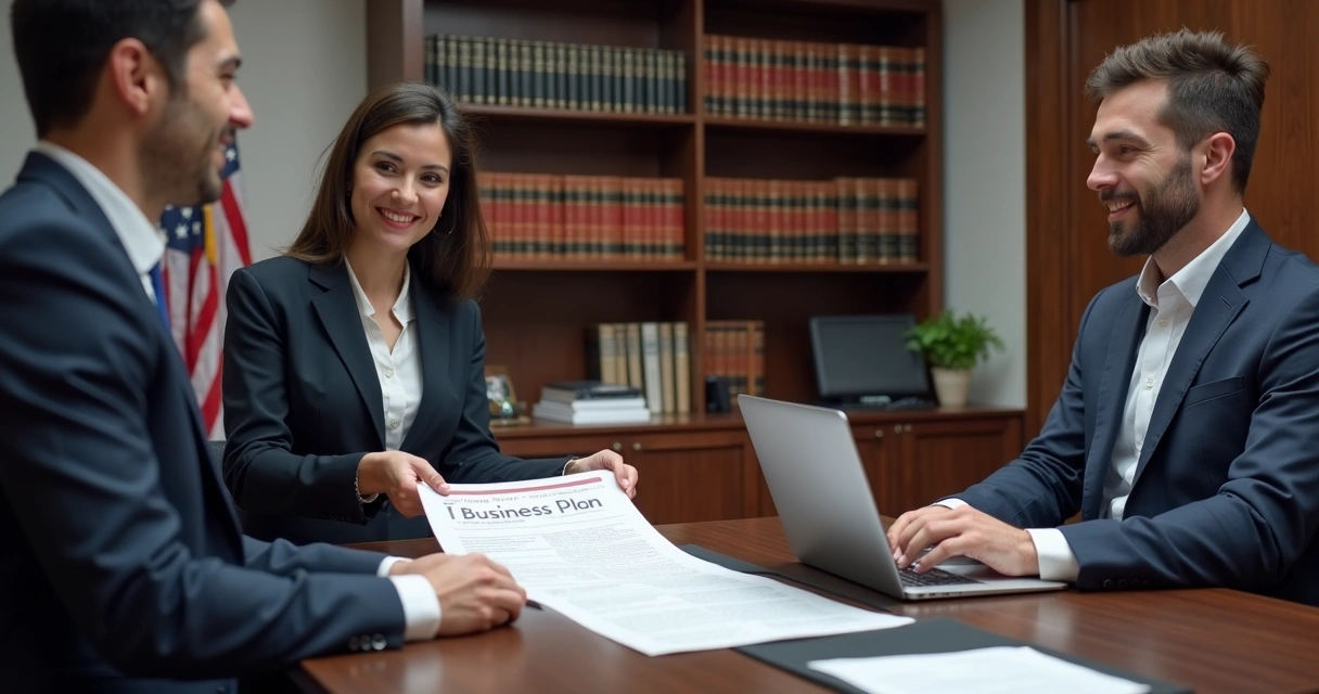 Business professional presenting a business plan to an immigration attorney