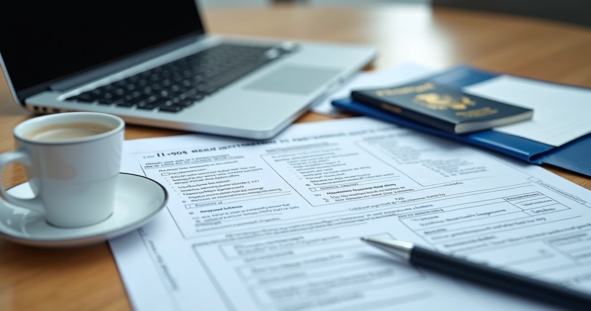 Immigration documents and forms on a desk 