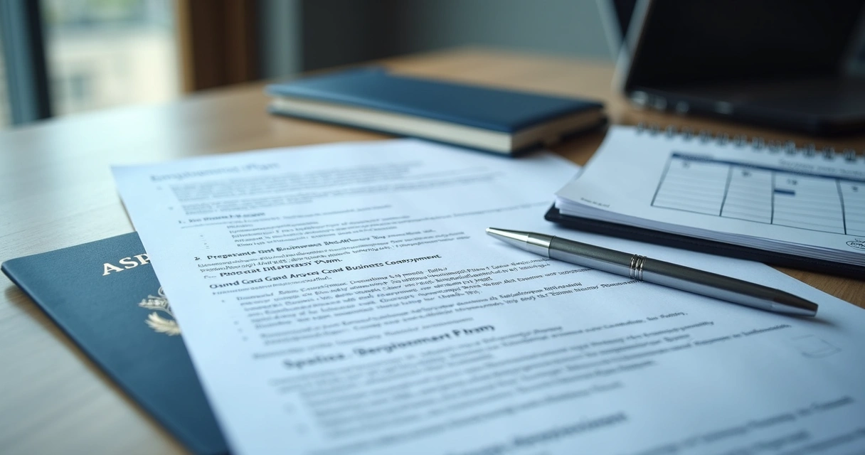 Immigration documents and business plan on desk 