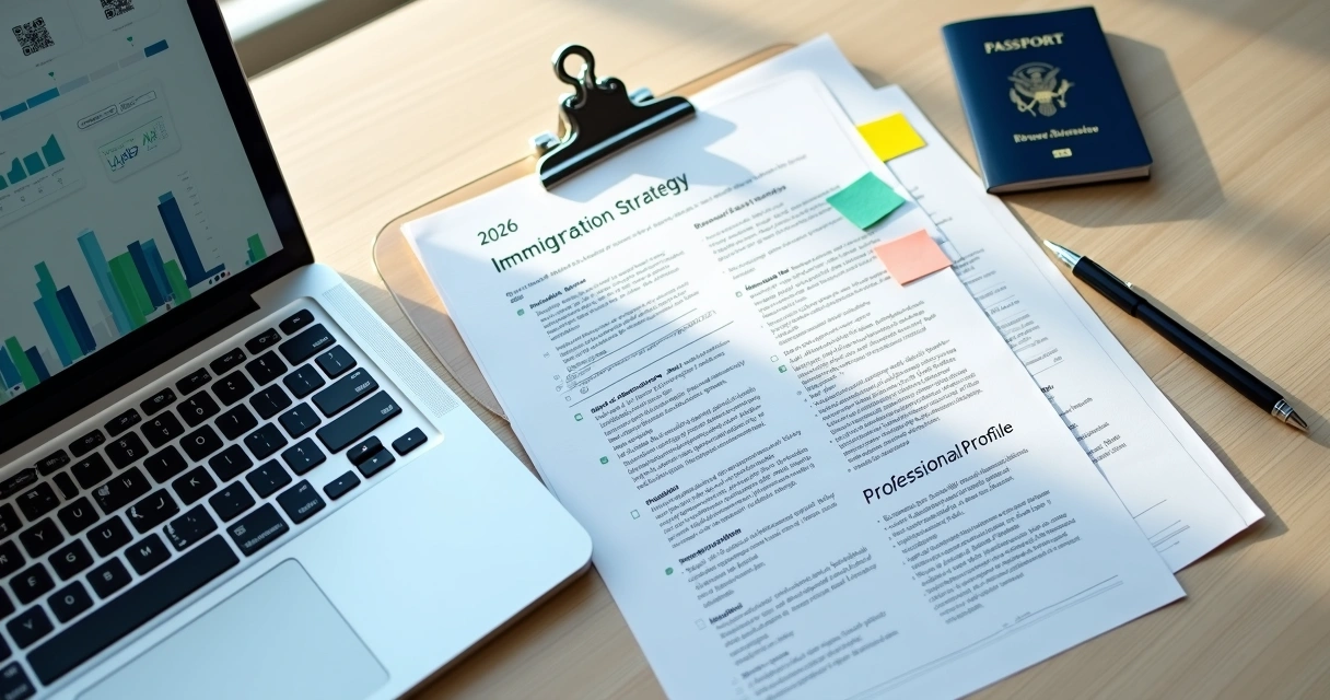 Top view of organized visa documents and laptop on modern desk