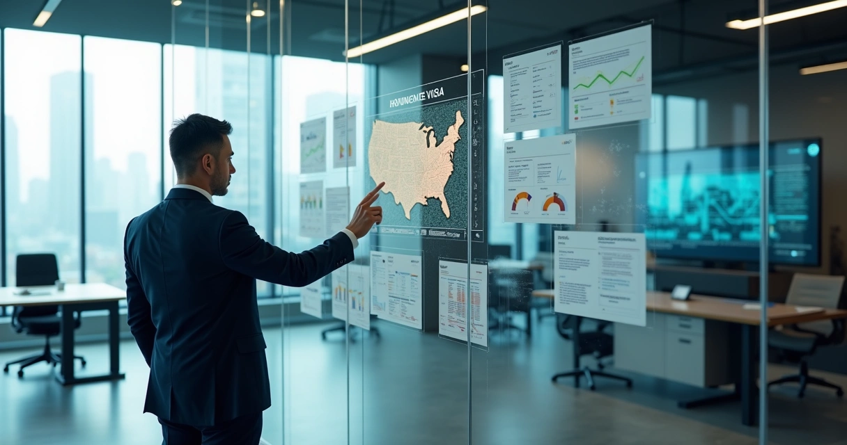 Analyst mapping an immigration visa feasibility study on transparent wall of charts and maps 