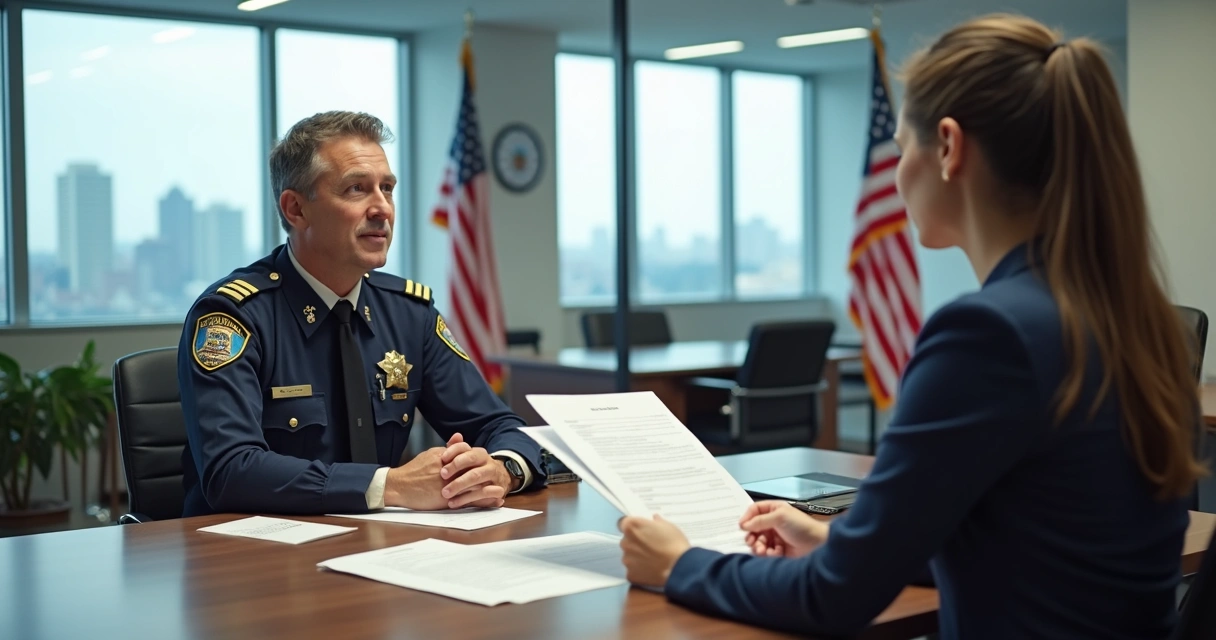 Immigration officer interviewing visa applicant at desk in modern office