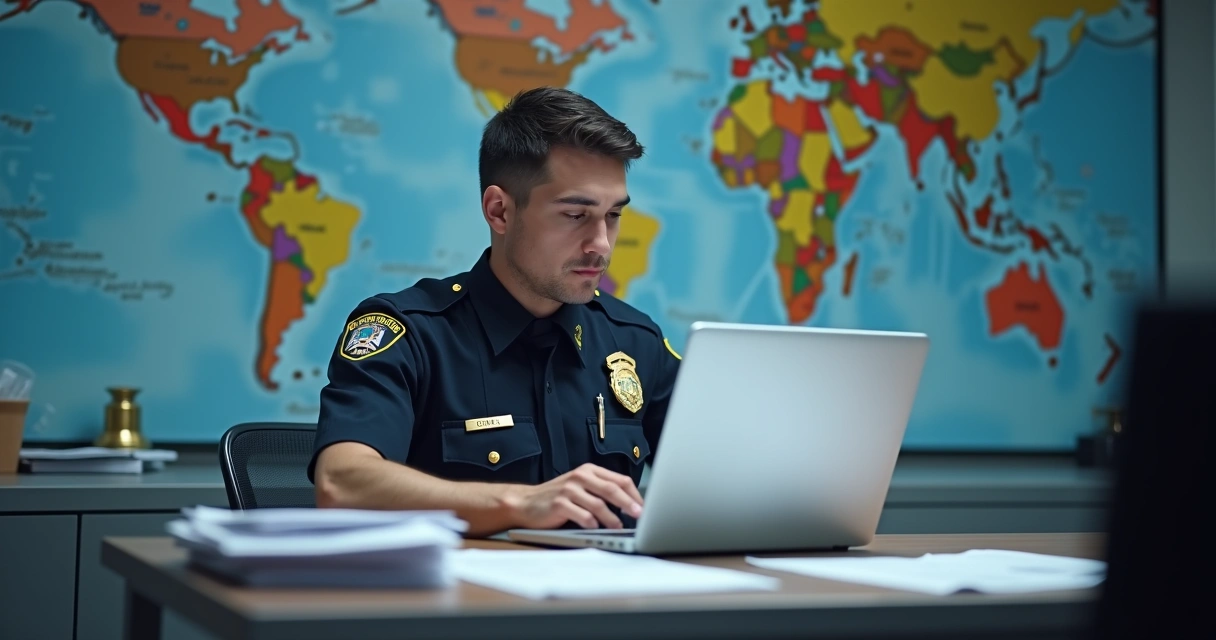 Immigration officer examining visa documents at a desk 