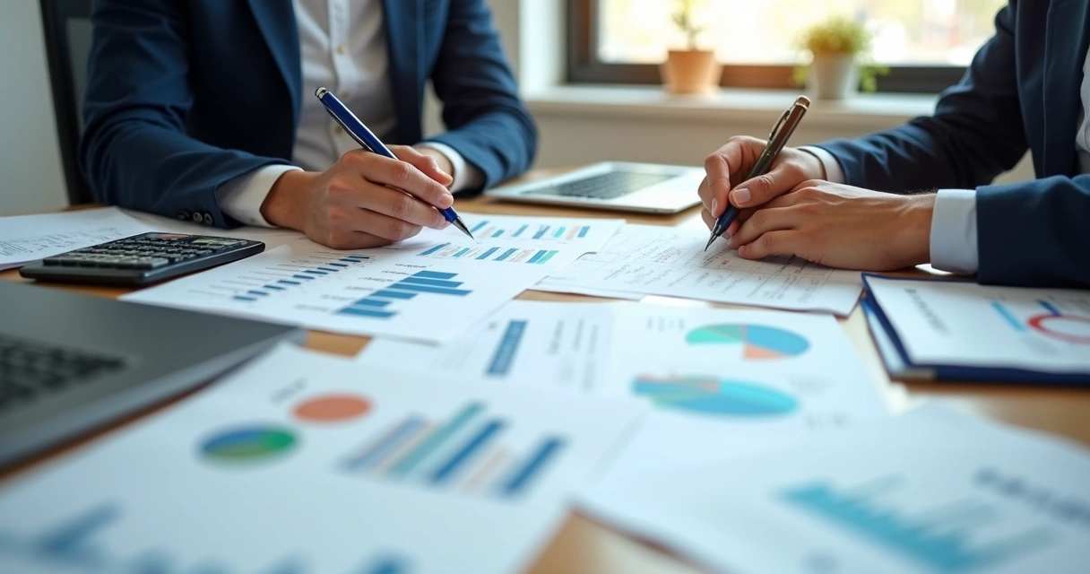 Business plan documents and financial charts on a meeting table