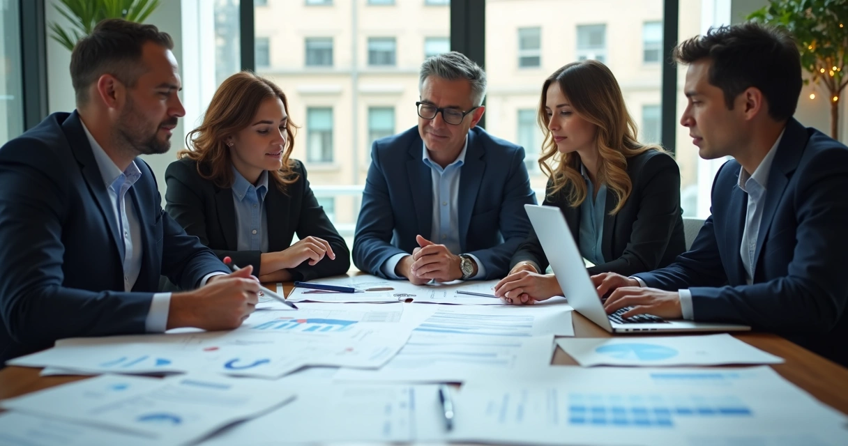Group of professionals collaborating over documents 