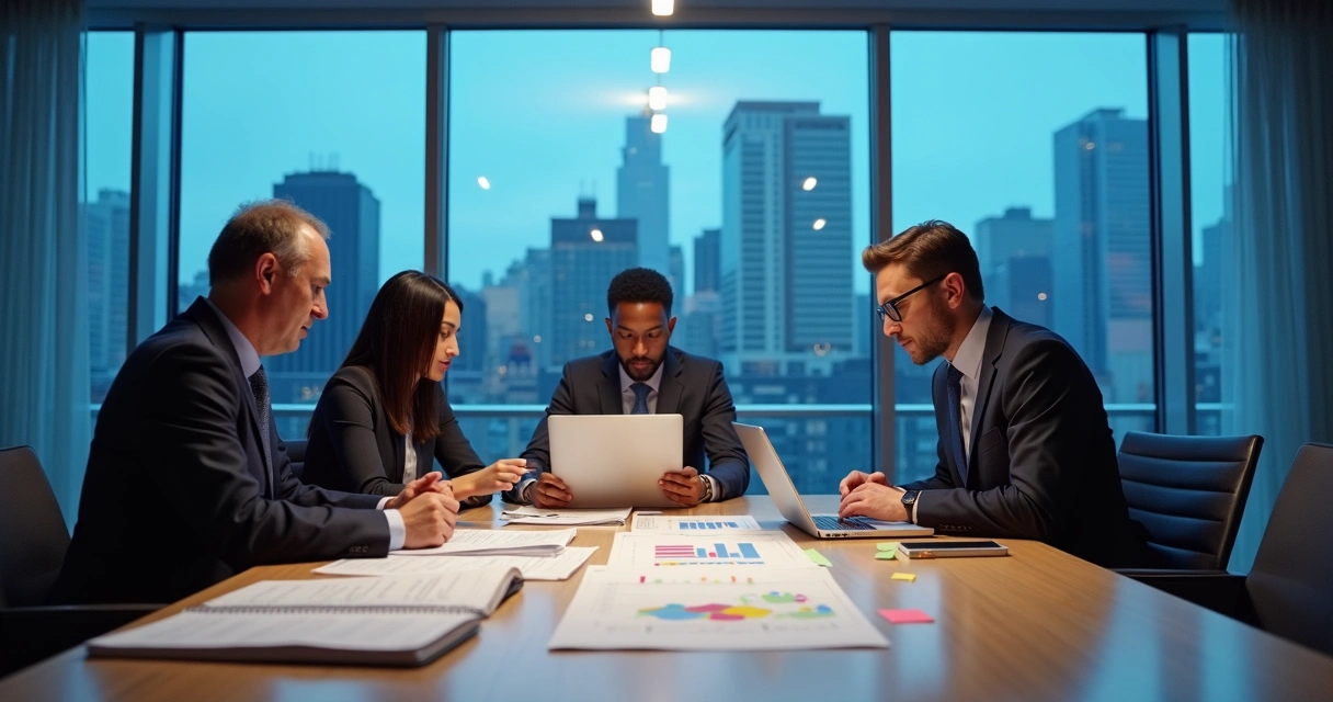 Consultants and attorney collaborating on detailed immigration business plan in modern office