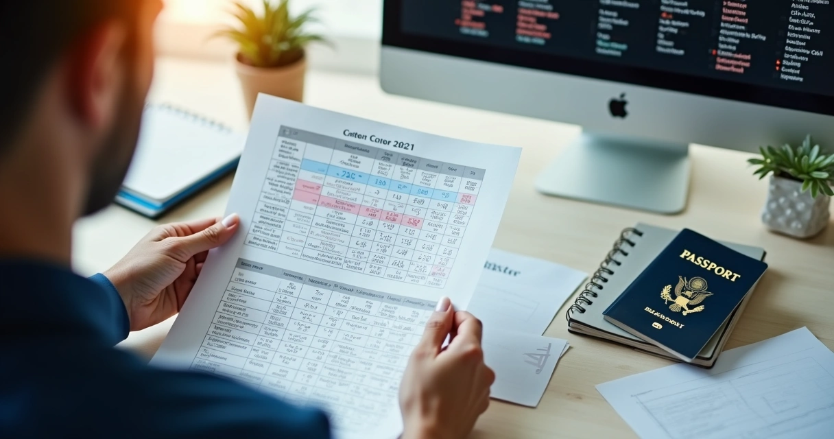 Person reviewing a visa chart at their desk 