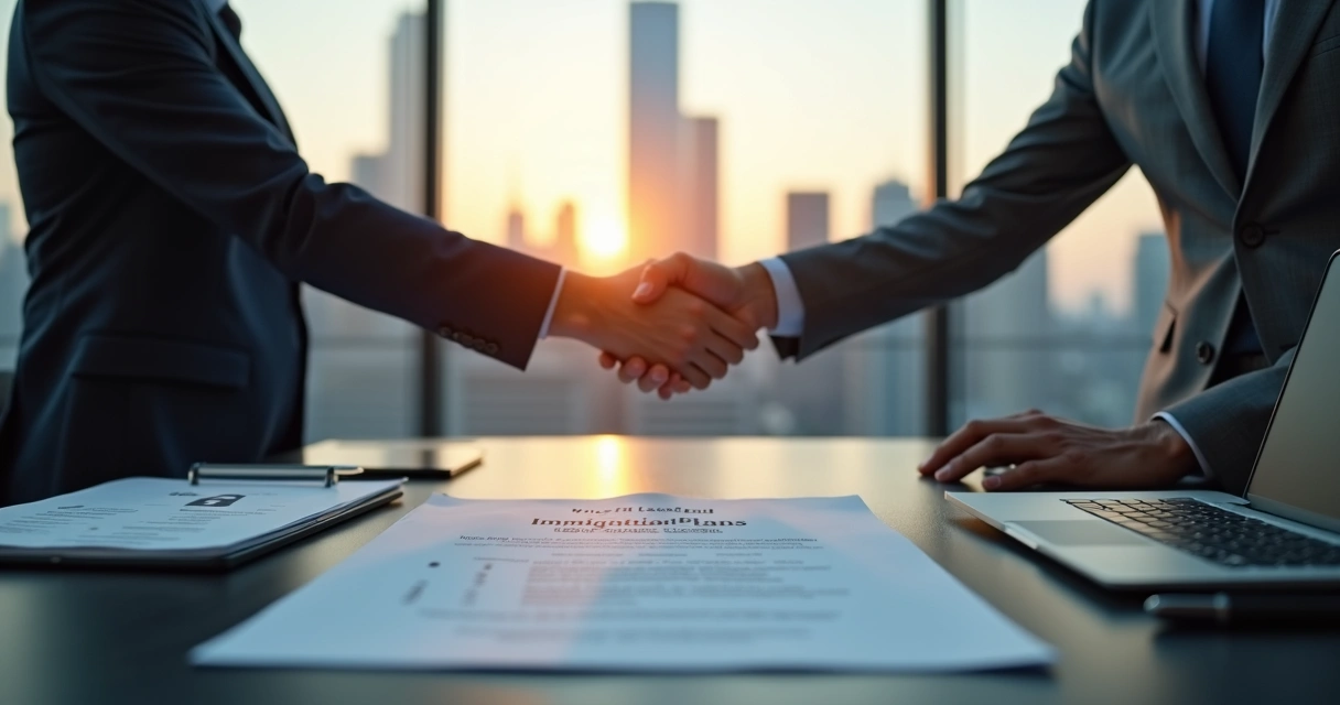 Handshake over contract labeled white label immigration plans on conference table 