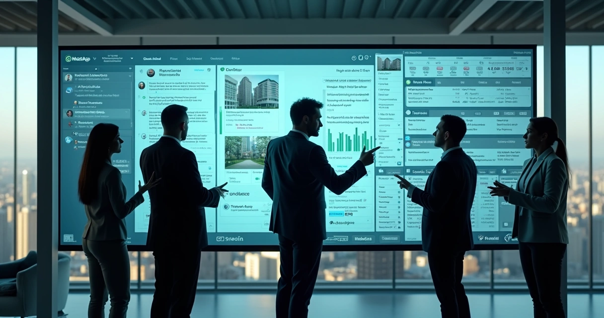 Equipe de imobiliária com painel digital, WhatsApp e gráficos de vendas 