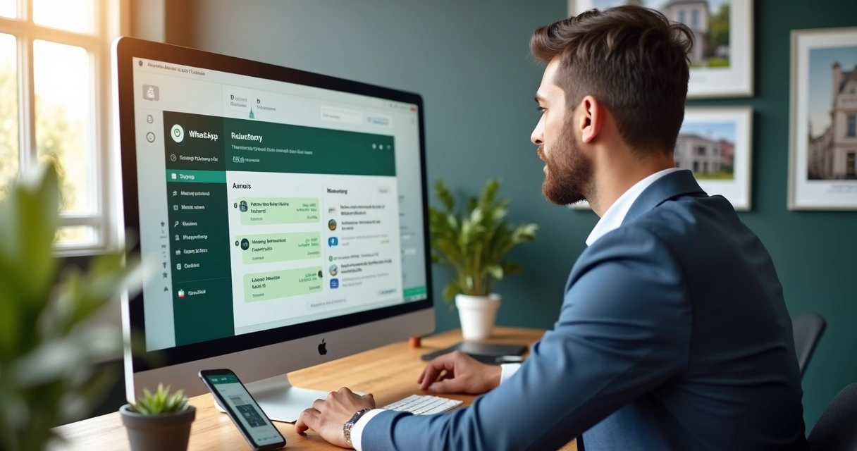Corretor de imóveis usando computador para atender clientes em diferentes aplicativos de mensagem