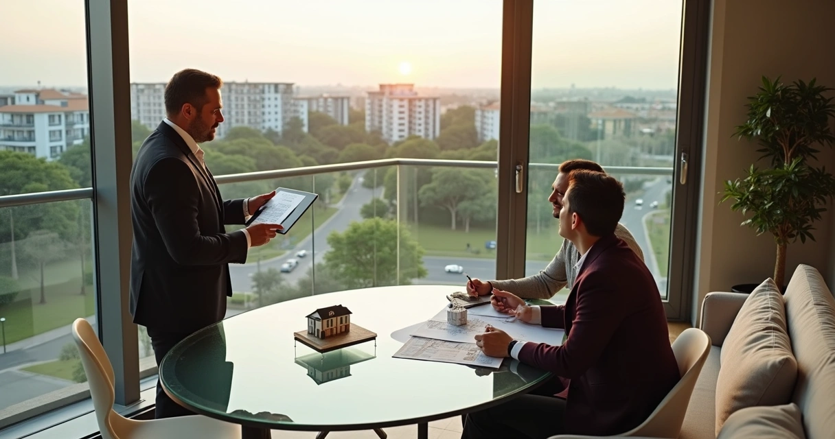 Corretora mostrando apartamento para casal em Campinas com vista urbana ao fundo 