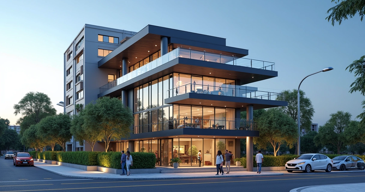 Prédio moderno de imobiliária em área urbana com sacada e fachada em vidro 