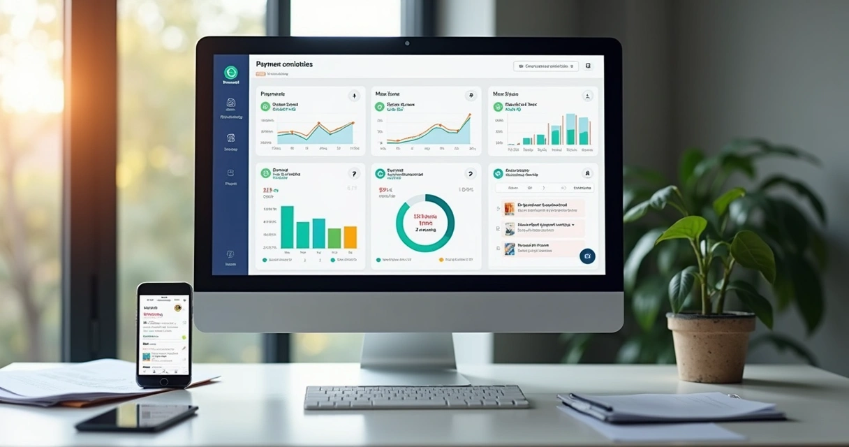 Painel digital mostrando controle de pagamentos e gráficos de cobrança automatizada para imobiliária 