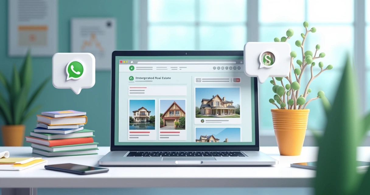 Página de imóveis em site imobiliário exibida em notebook, integrações com WhatsApp, funil de vendas digital ao fundo.