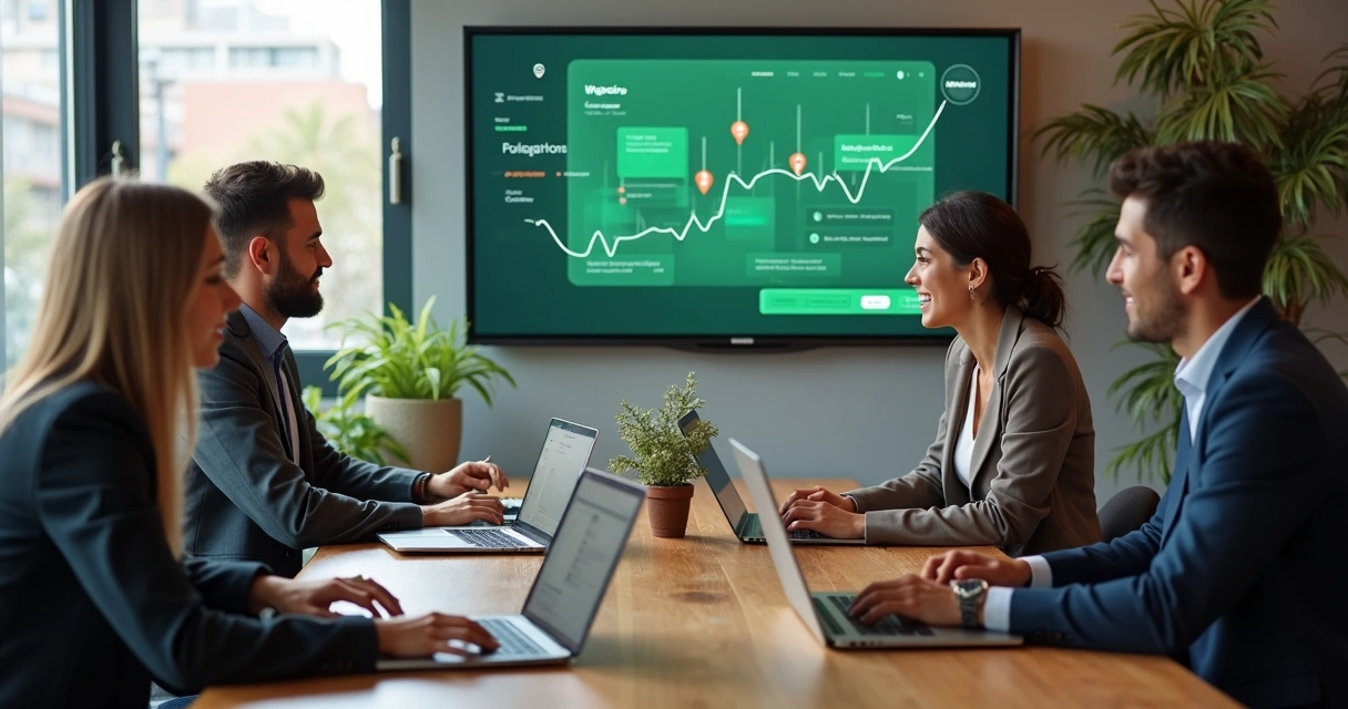 Equipe de imobiliária trabalhando em computadores com WhatsApp na tela 