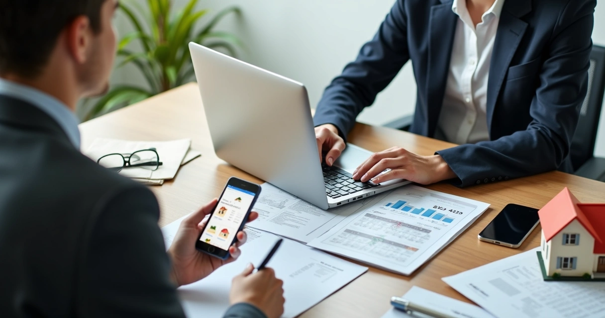 Corretor usando sistema de gestão imobiliária digital