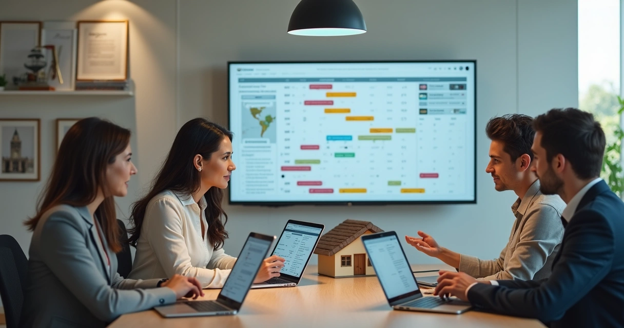 Equipe de imobiliária em reunião discutindo vendas e atendimentos